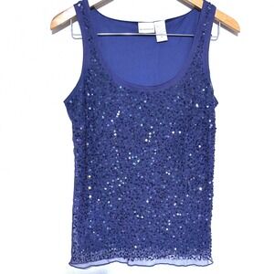 Newport News Sequin Tank Top Women's  Medium Navy Blue Scoop Neck Party Glam